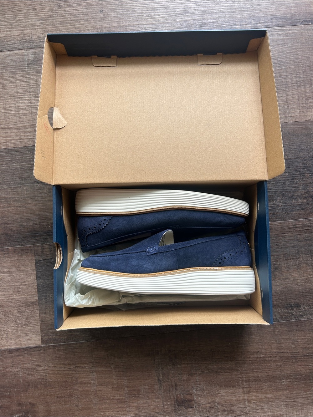 Cole Haan Navy Suede Slip-On Loafer with White Platform Sole